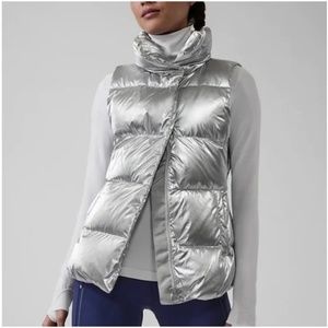 ATHLETA Women Size L Silver Metallic Quilted Downtown Down Puffer Vest